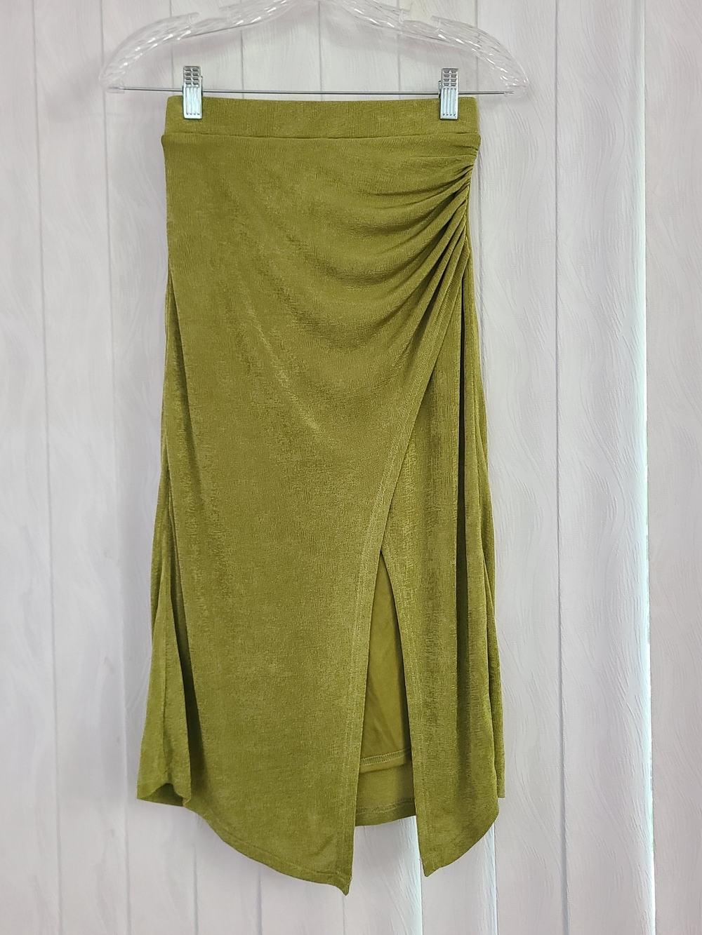 Lulus S Chartreuse Green Stretchy Side Ruch Faux Wrap Festive Fitted Midi Skirt